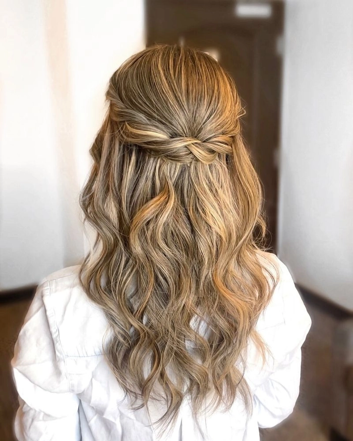 Casual twisted half up hairstyle on thin hair with soft waves