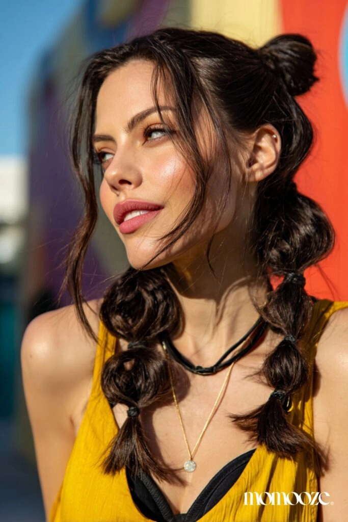 Casual twisted pigtail buns for a playful weekend hairstyle