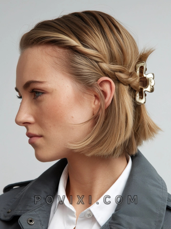 Casual hairstyle featuring easy claw clip twists on medium-length hair Simple claw clip twists hairstyle on shoulder length hair for a casual look