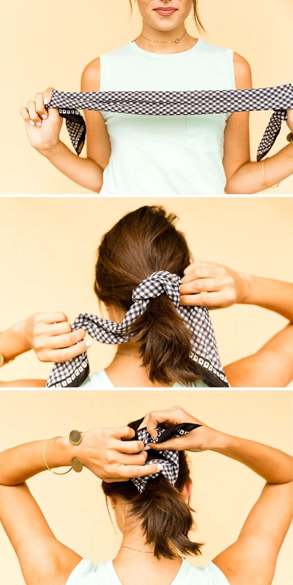 A casual bandana top knot hairstyle perfect for summer music festivals Easy summer festival hairstyle with a simple bandana top knot