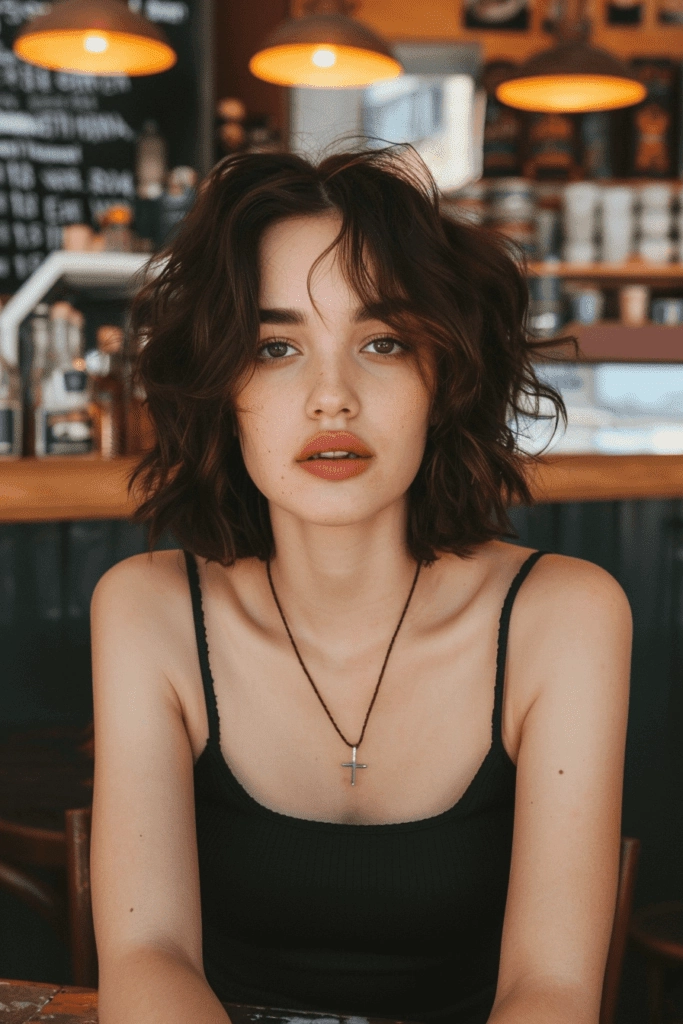 Effortless bedhead look on short layered hair showcasing casual style