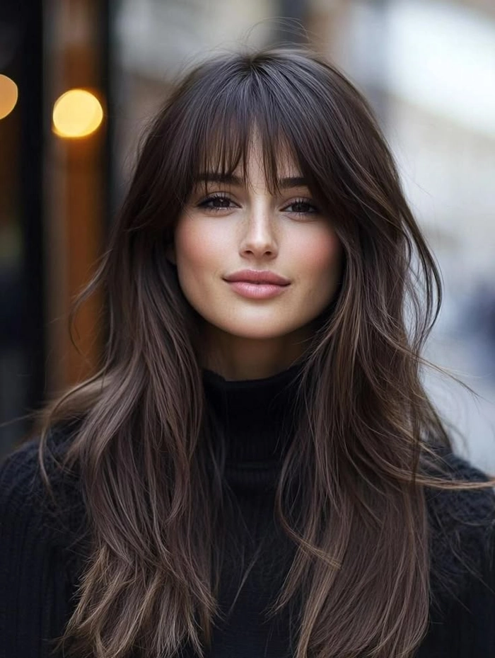 Woman with effortless layered curtain bangs and casual loose waves