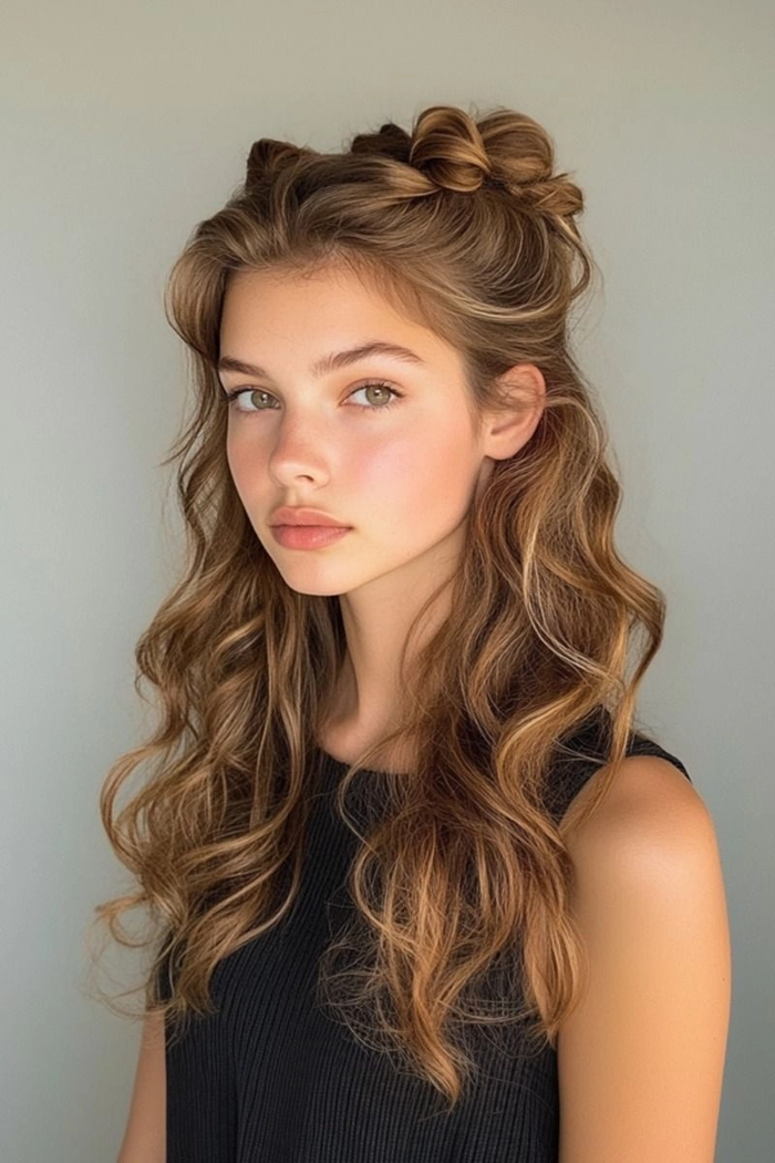 Casual Hairstyles image 4 showcasing an easy half up half down style for medium hair Effortless half up half down hairstyle on medium-length hair for a casual look