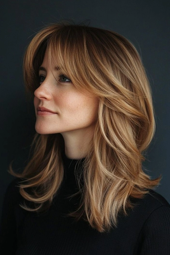effortless layered curtain bangs paired with casual loose waves for a relaxed hairstyle