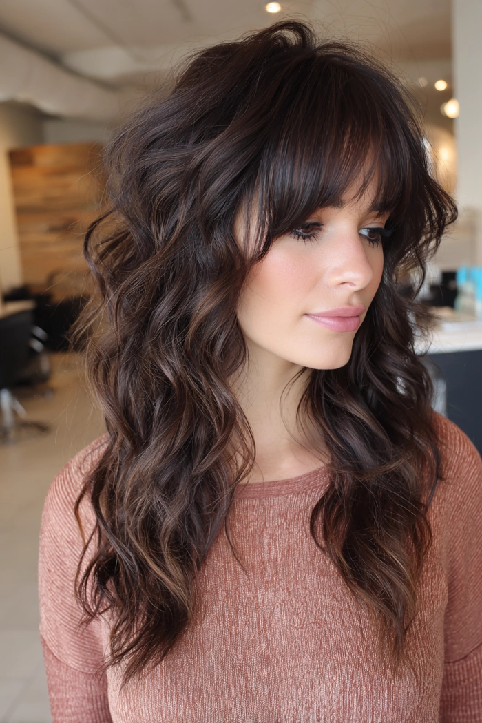 Effortless layered curtain bangs paired with casual loose waves