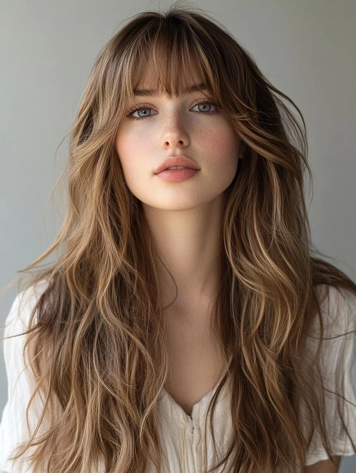Effortless layered curtain bangs with casual loose waves hairstyle for a relaxed look