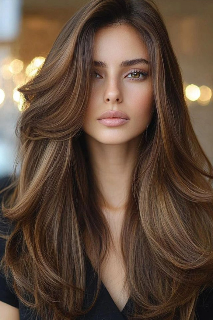 Effortless layered curtain bangs paired with casual loose waves create a soft, relaxed hairstyle