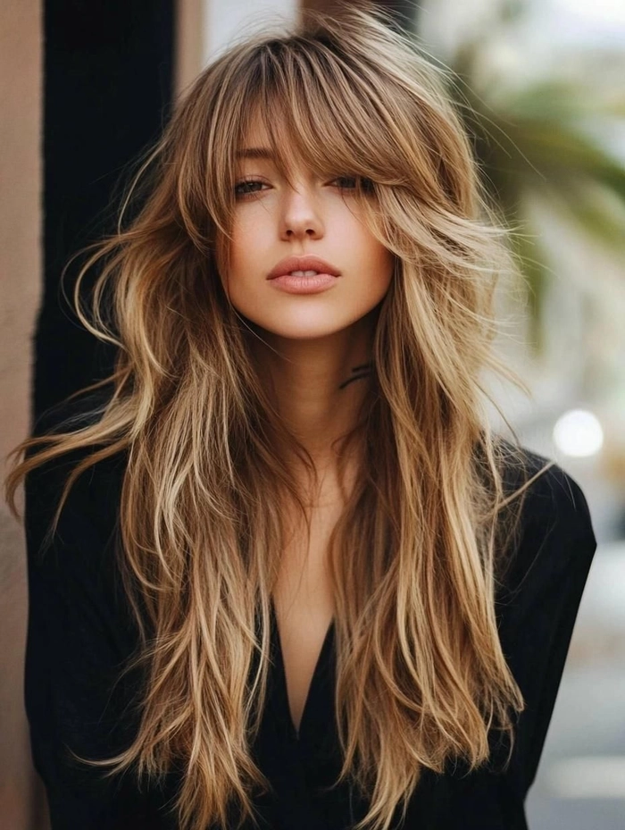 Effortless layered curtain bangs with casual loose waves hairstyle