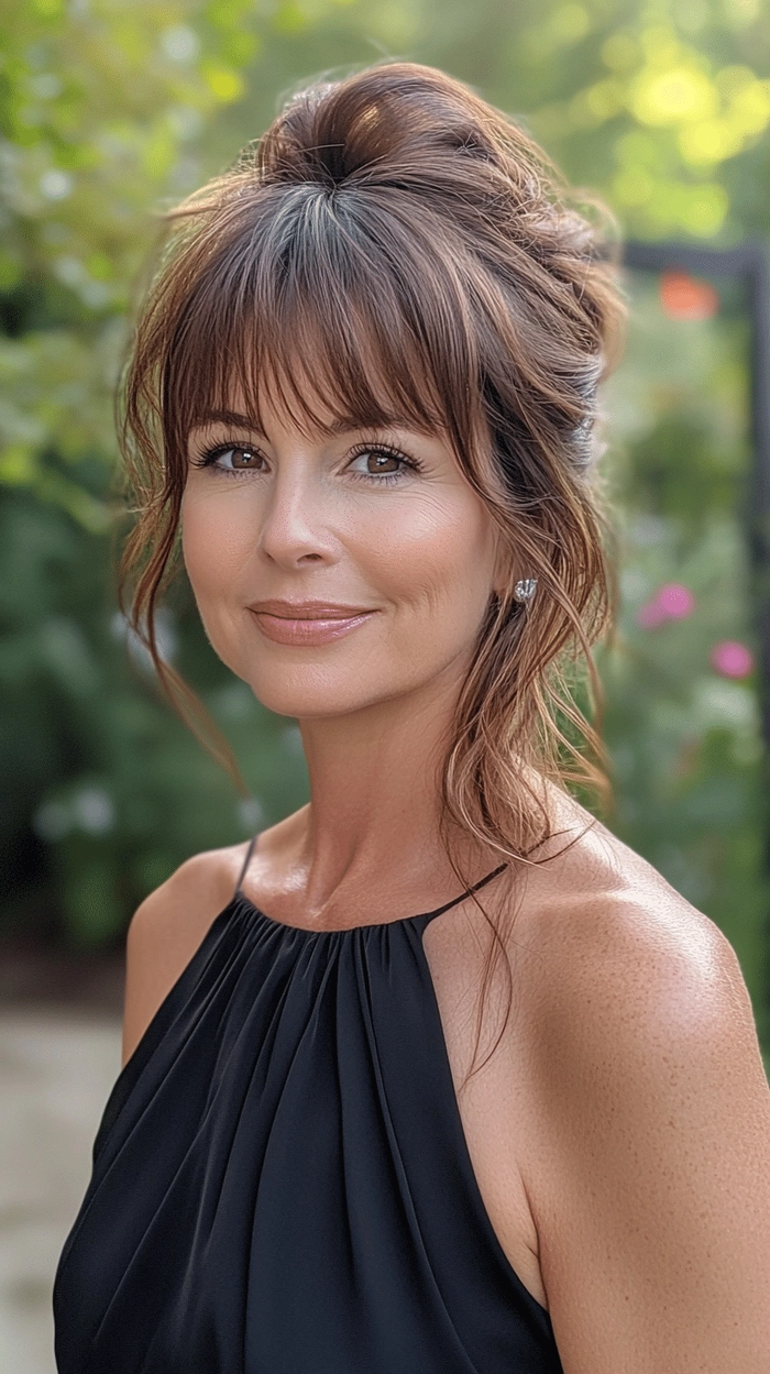 Woman with effortless layered curtain bangs and casual loose waves in a relaxed hairstyle