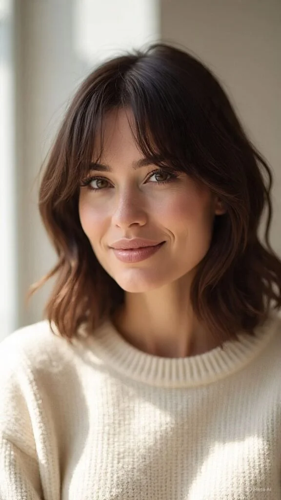 Effortless layered curtain bangs paired with casual loose waves for a relaxed daytime look