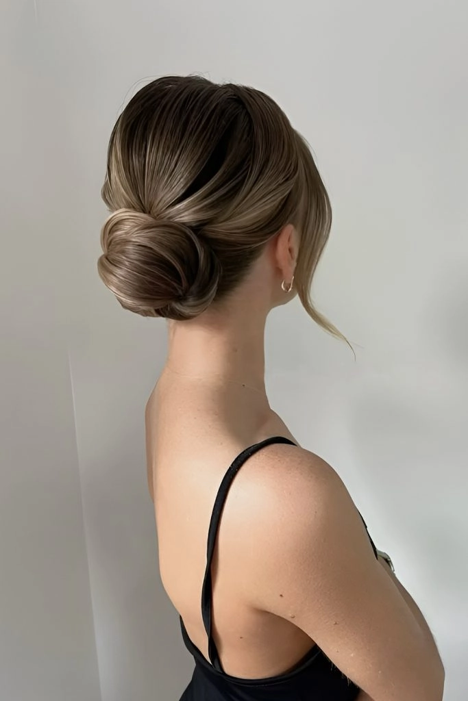 Woman with an effortless low chignon hairstyle perfect for casual evening dinners