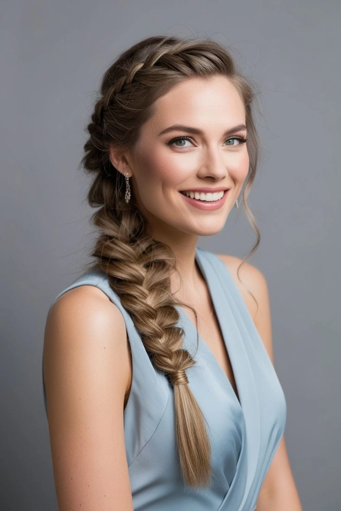 Casual side braid hairstyle idea for a relaxed weekend brunch occasion Woman with an effortless side braid hairstyle perfect for weekend brunch casual look