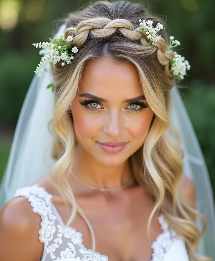 Casual braided crown idea for a relaxed and stylish wedding look Elegant casual braided crown hairstyle perfect for casual weddings
