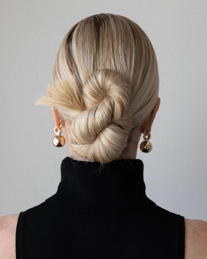 Elegant effortless low chignon hairstyle perfect for casual evening dinners