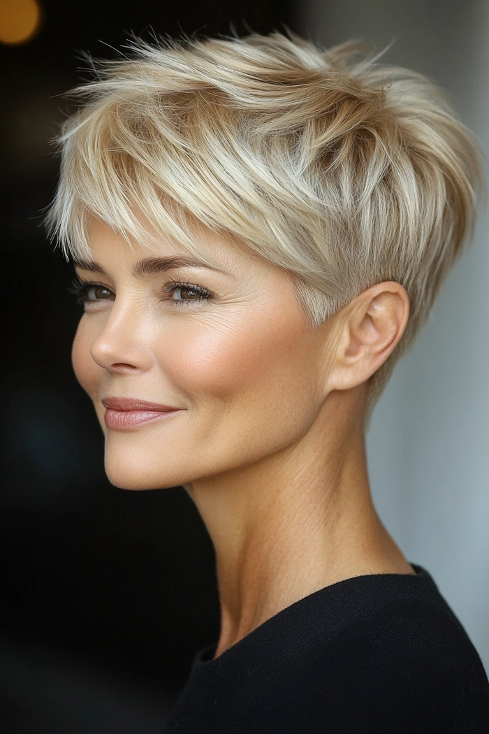 Casual hairstyle ideas featuring an easy-to-maintain pixie cut for mature women Elegant everyday pixie cut styling for older women with casual soft layers