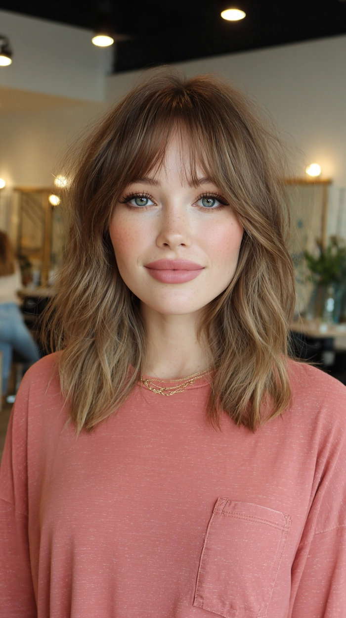 Everyday lob hairstyle with curtain bangs styled for a casual look