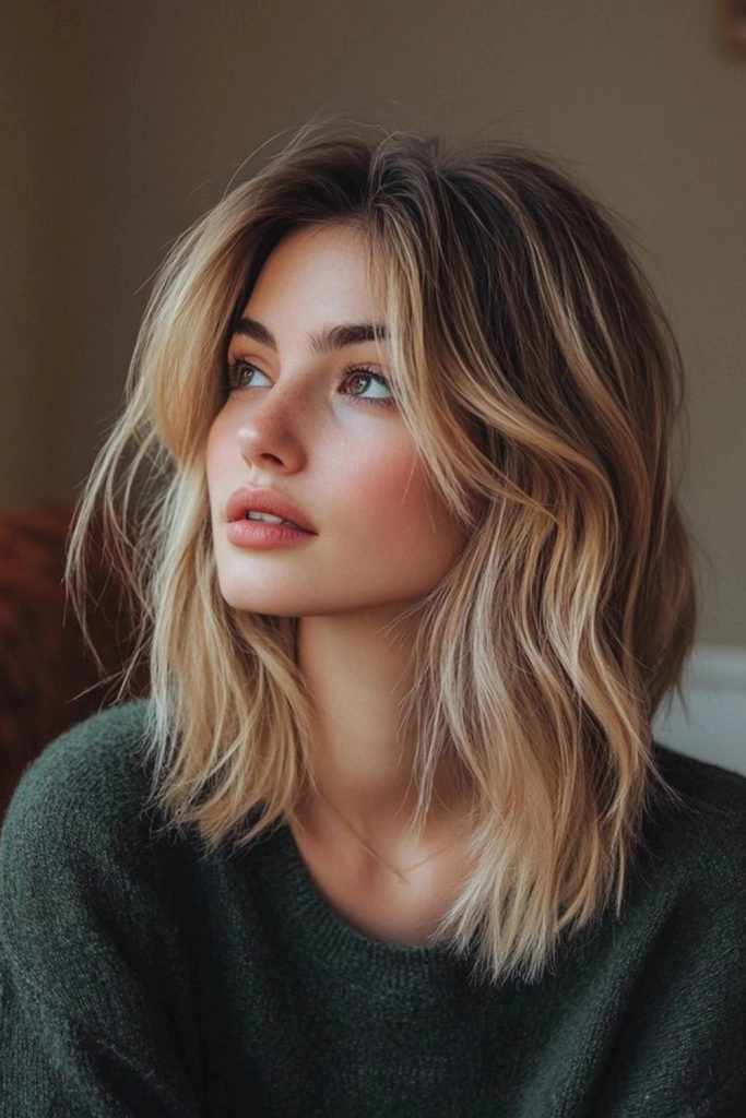 Everyday lob hairstyle featuring soft curtain bangs for a casual look