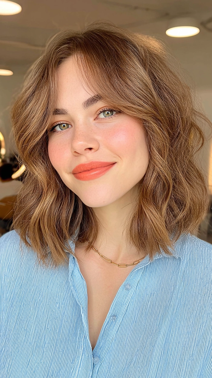 Everyday lob hairstyle with soft curtain bangs for a casual look