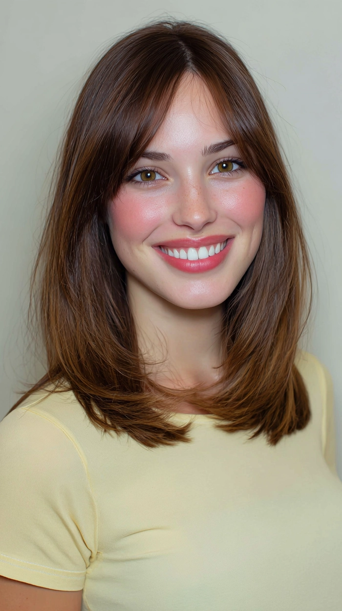 Everyday lob hairstyle featuring soft curtain bangs styled casually