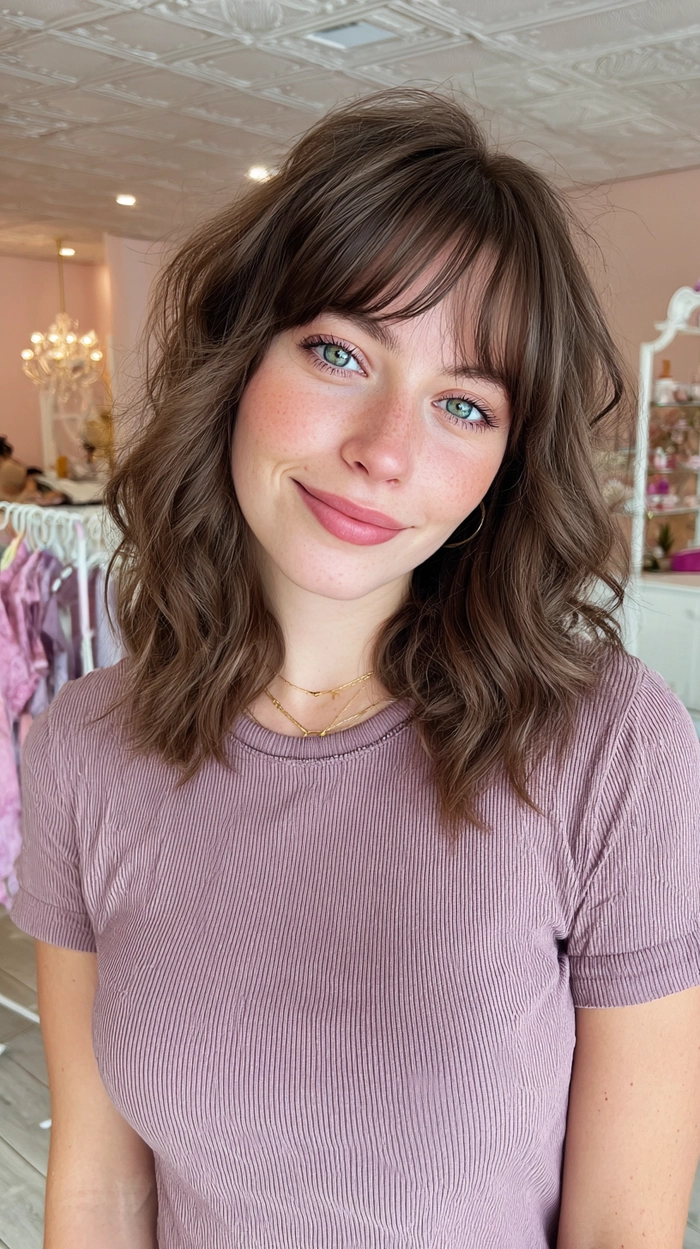 Everyday lob hairstyle with soft curtain bangs and natural waves
