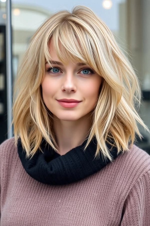 everyday lob hairstyle featuring soft curtain bangs for a casual look