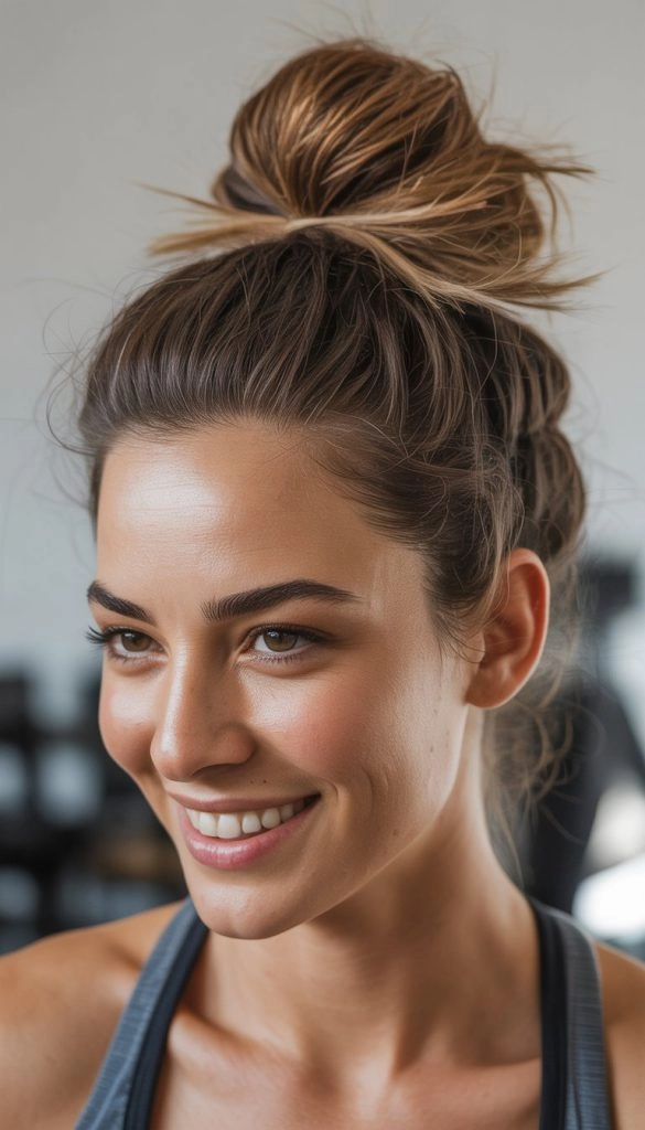 Quick knot hairstyle for post-workout casual look Woman with a quick messy knot hairstyle transitioning from workout to casual style