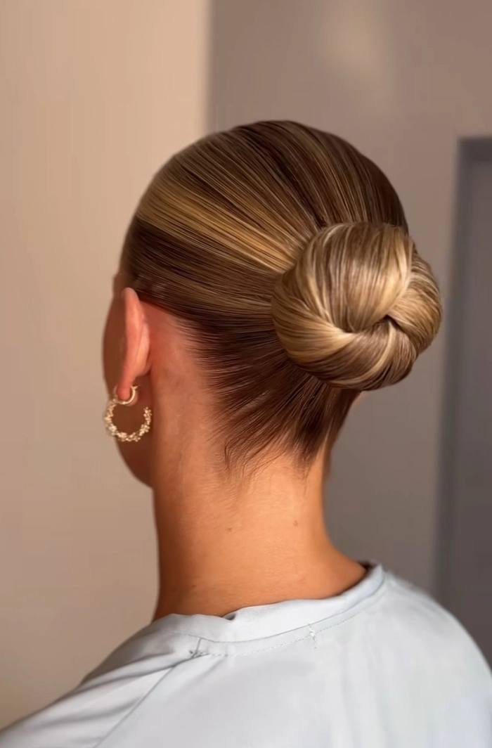 Quick slicked back low bun hairstyle for a clean girl casual aesthetic