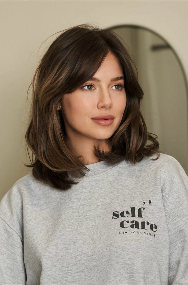 effortless layered curtain bangs paired with casual loose waves for a soft messy look