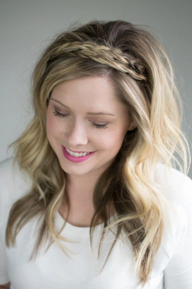Long straight hair styled with a casual braided headband for a relaxed look