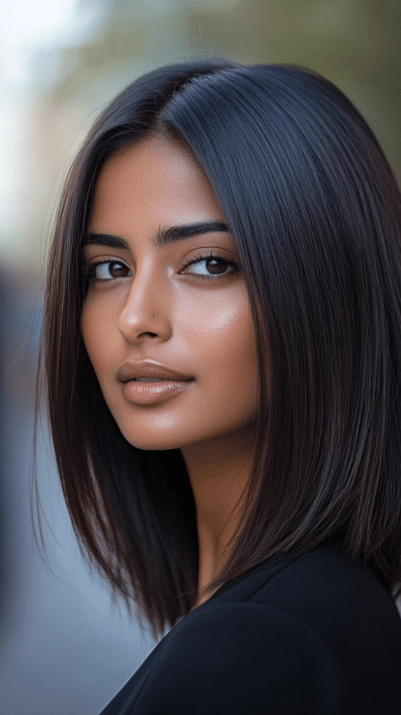 Long straight hair styled with a middle part for a casual everyday look