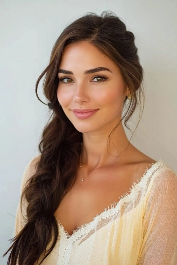 Effortless loose side braid on a woman enjoying a casual autumn walk