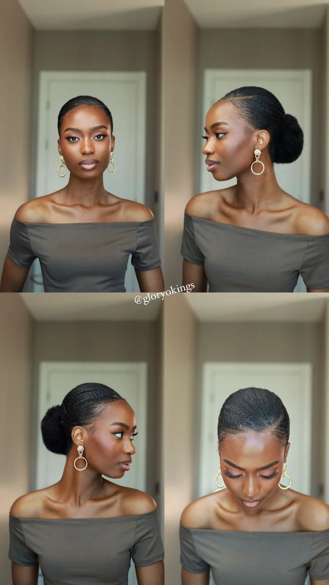 Relaxed low bun hairstyle for a woman over 40 with casual attire