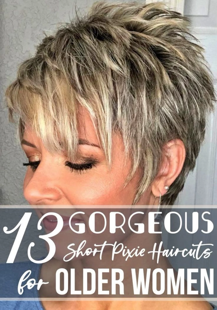 Casual hairstyles for older women featuring a chic pixie cut look Mature woman with a stylish everyday pixie cut in a casual setting