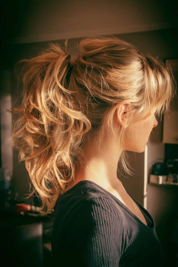 Casual messy ponytail look for everyday errands and comfort Woman wearing an effortless messy ponytail hairstyle perfect for running errands