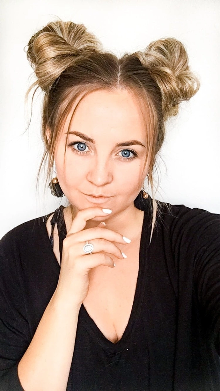 Effortless messy space buns hairstyle perfect for grunge casual aesthetics