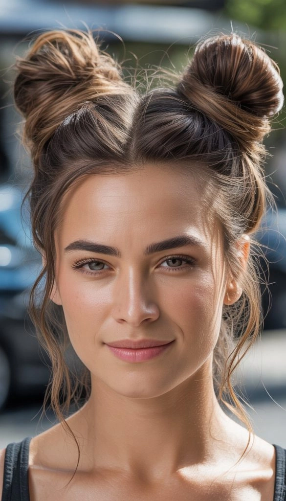 Effortless messy space buns styled on a casual outfit for a grunge look
