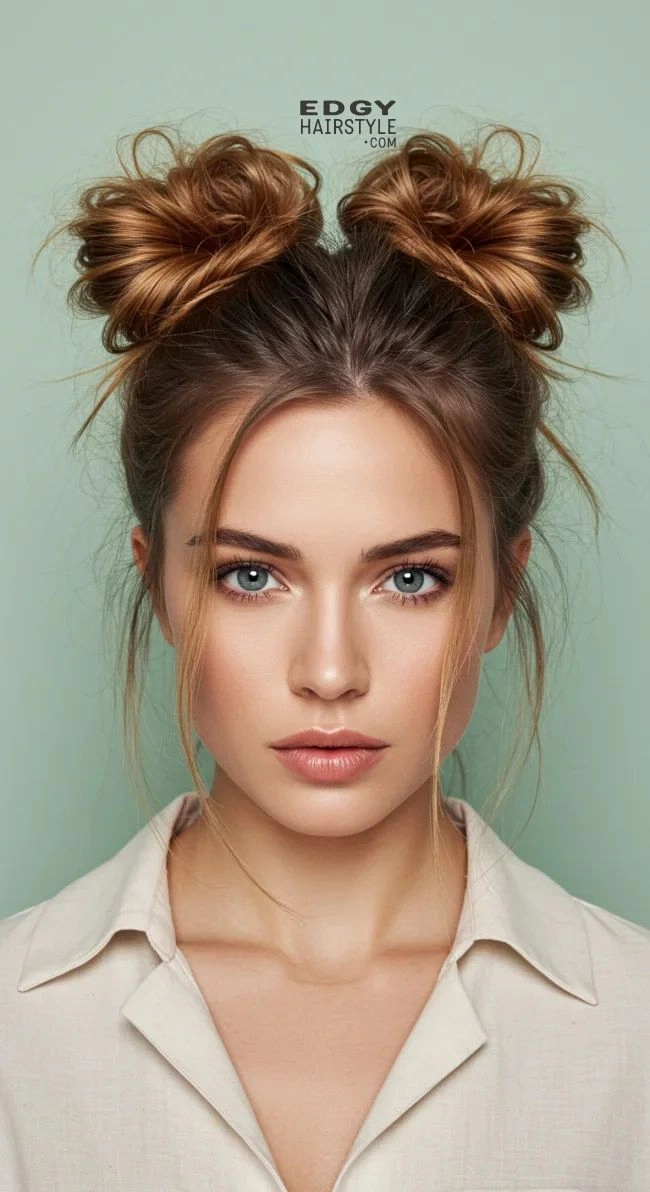 Effortless messy space buns hairstyle perfect for grunge casual aesthetics