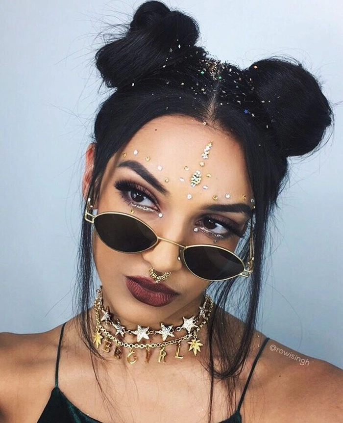 Messy space buns hairstyle perfect for grunge casual aesthetics