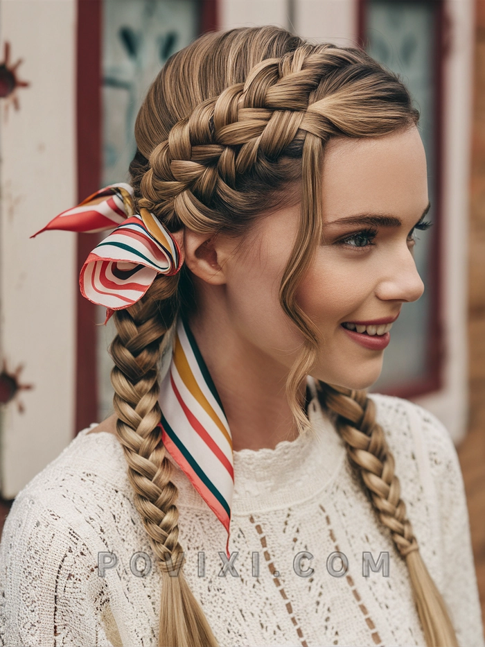 Casual milkmaid braid hairstyle perfect for outdoor picnics in a relaxed setting