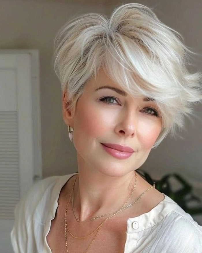 Casual hairstyle featuring a simple pixie cut for mature women in daily wear Older woman with an everyday pixie cut styled casually for a relaxed look