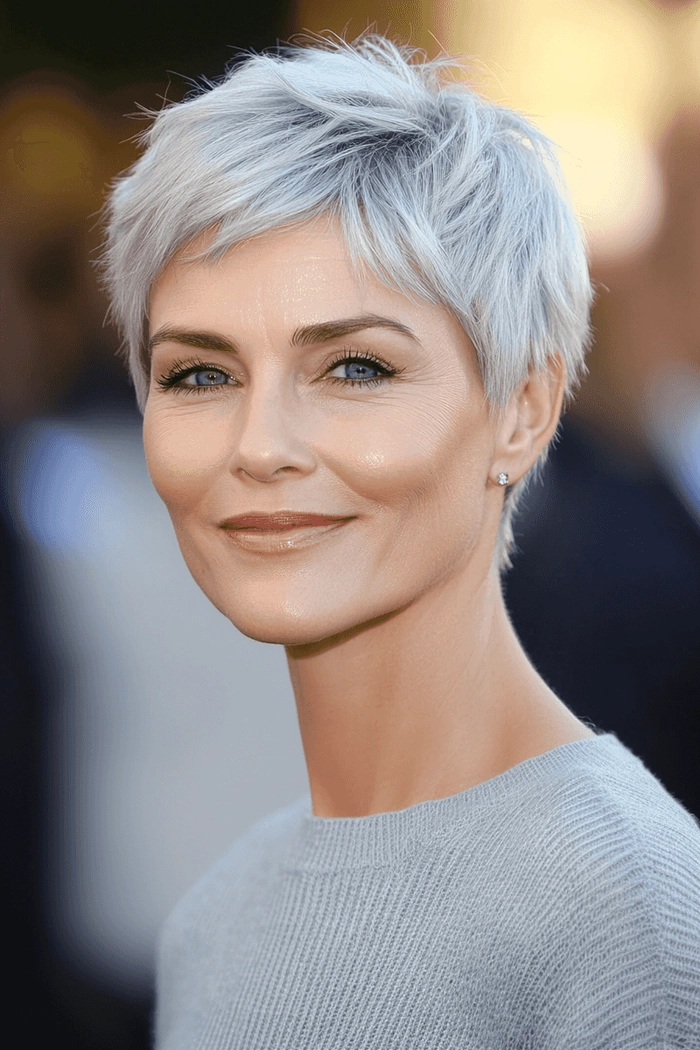 Everyday pixie cut styling for older women showcasing effortless casual hairstyle Older woman with a chic pixie cut styled casually for everyday wear
