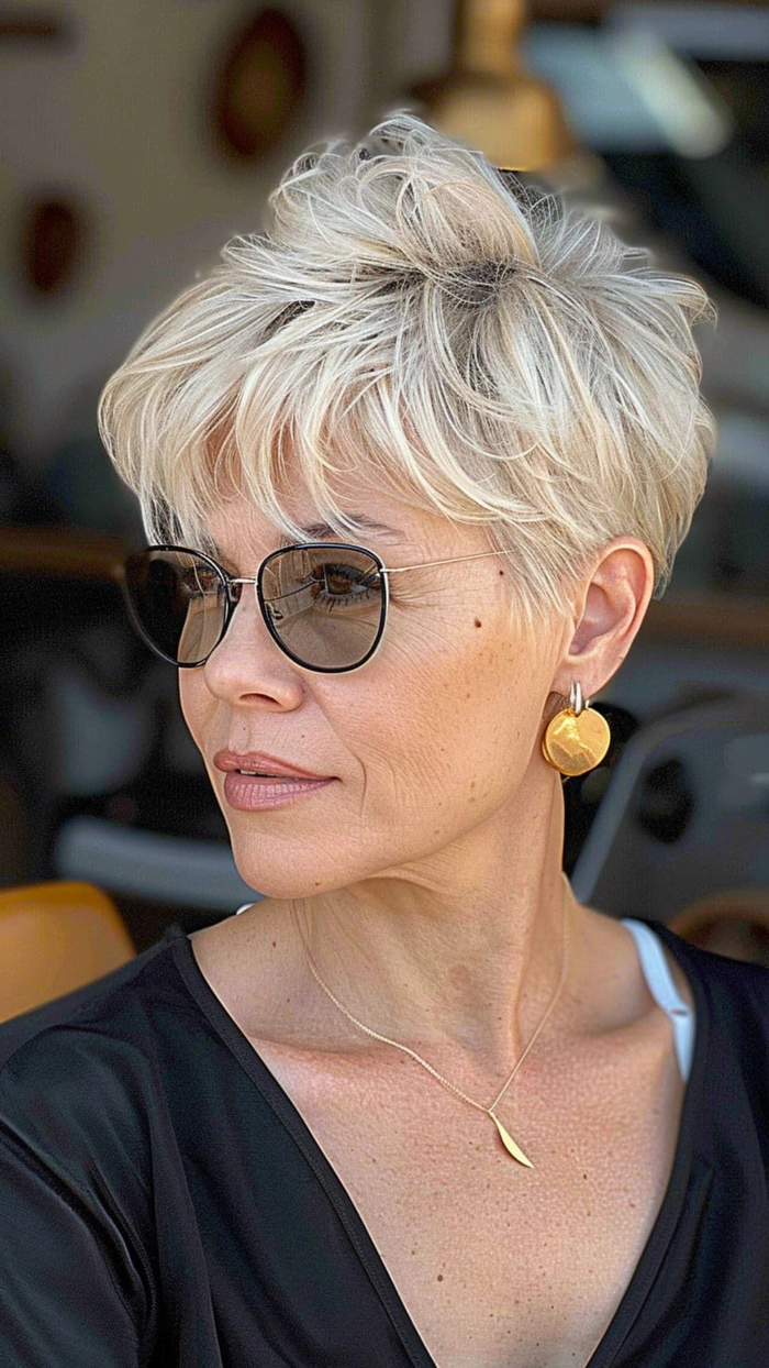 Casual everyday pixie cut styling ideas for older women image 3 Older woman with a stylish everyday pixie cut in a casual setting