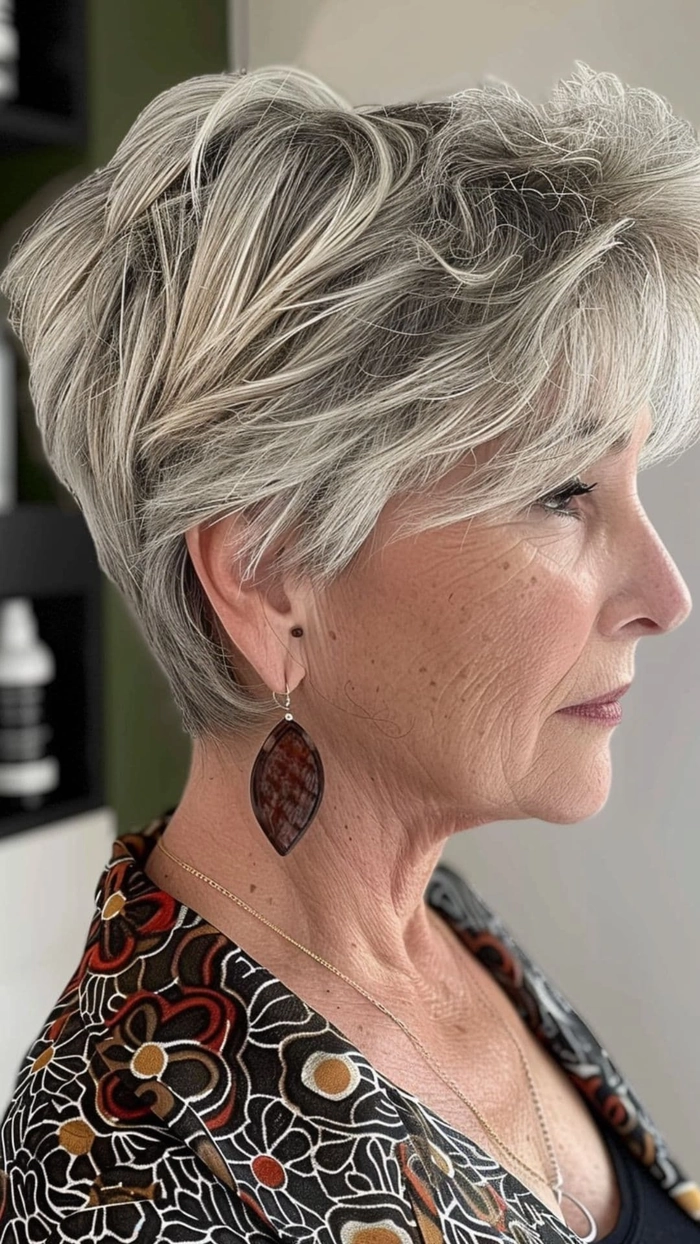 Casual hairstyle inspiration featuring an easy-to-style pixie cut for older women Older woman with a stylish everyday pixie cut in a casual setting