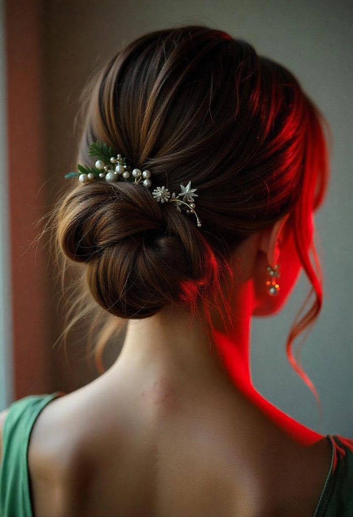 Pearl hair pin updo for casual holiday parties A simple pearl hair pin updo perfect for casual holiday gatherings
