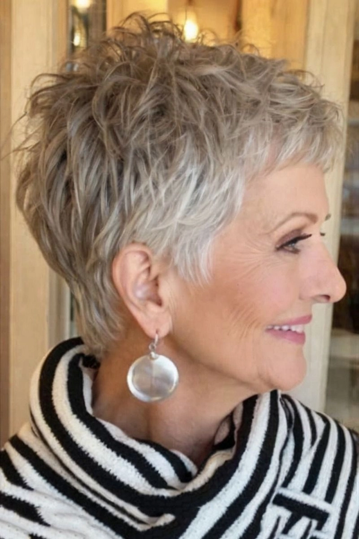 Casual hairstyles for mature women featuring a simple yet elegant pixie cut design Everyday pixie cut styling for older women with soft layers and natural texture