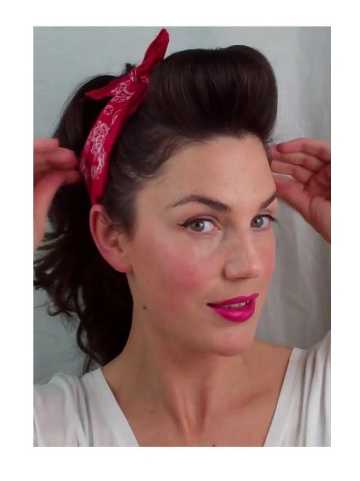 Effortless bandana ponytail style for a laid-back vintage look Woman with a quick bandana ponytail showing easy retro casual hairstyle