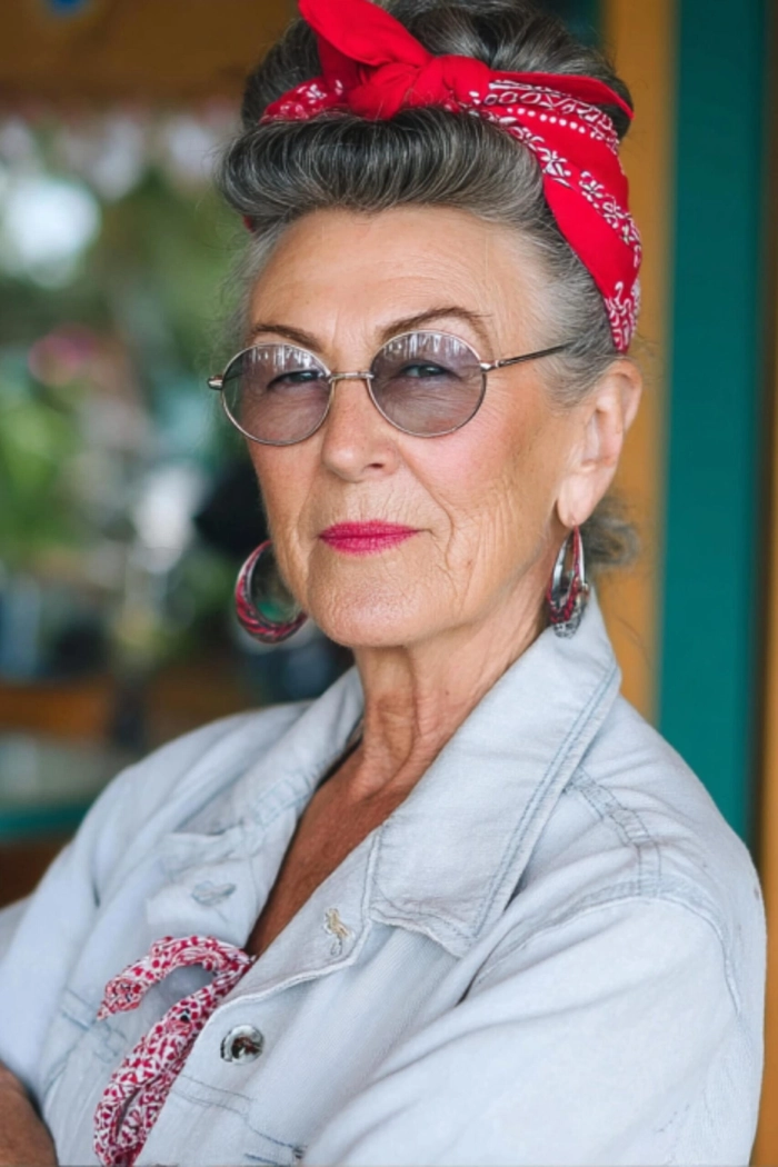 Effortless retro casual ponytail with a colorful bandana accessory in hairstyle 14 Woman showing quick bandana ponytail styles for retro casual vibes with loose waves