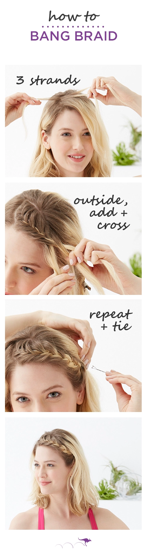 Casual quick braided bangs style perfect for an easy hair fix Quick braided bangs hairstyle for keeping hair out of the face in a casual setting