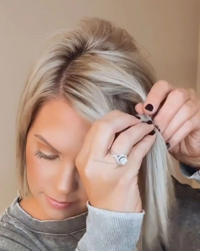 Casual hairstyle featuring easy quick braided bangs for everyday wear Quick braided bangs styled to keep hair out of the face in a casual look