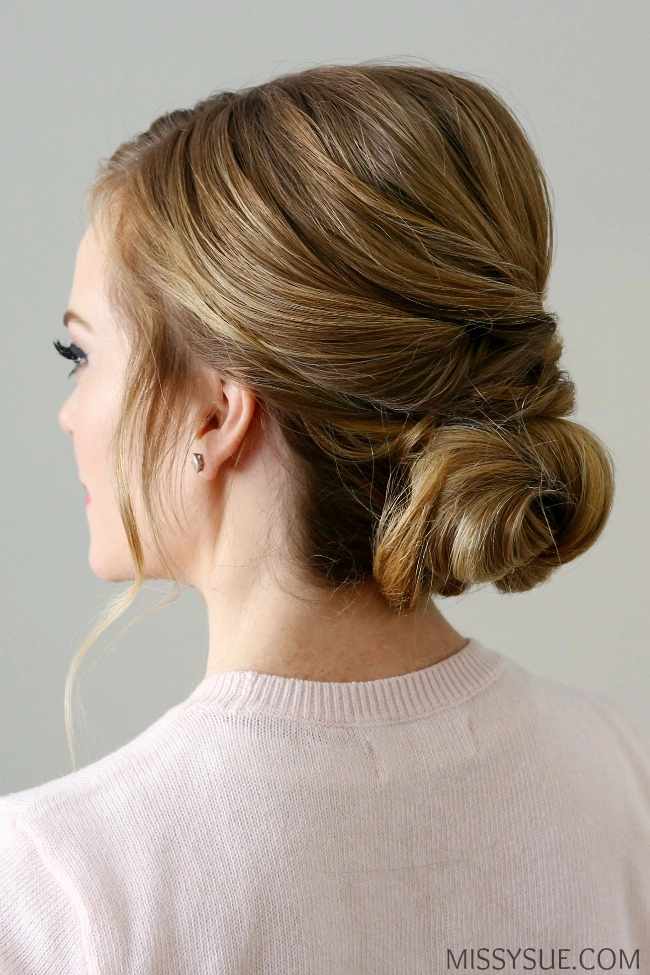 Effortless quick low twisted bun ideal for casual work environments Quick low twisted bun hairstyle suited for professional casual settings